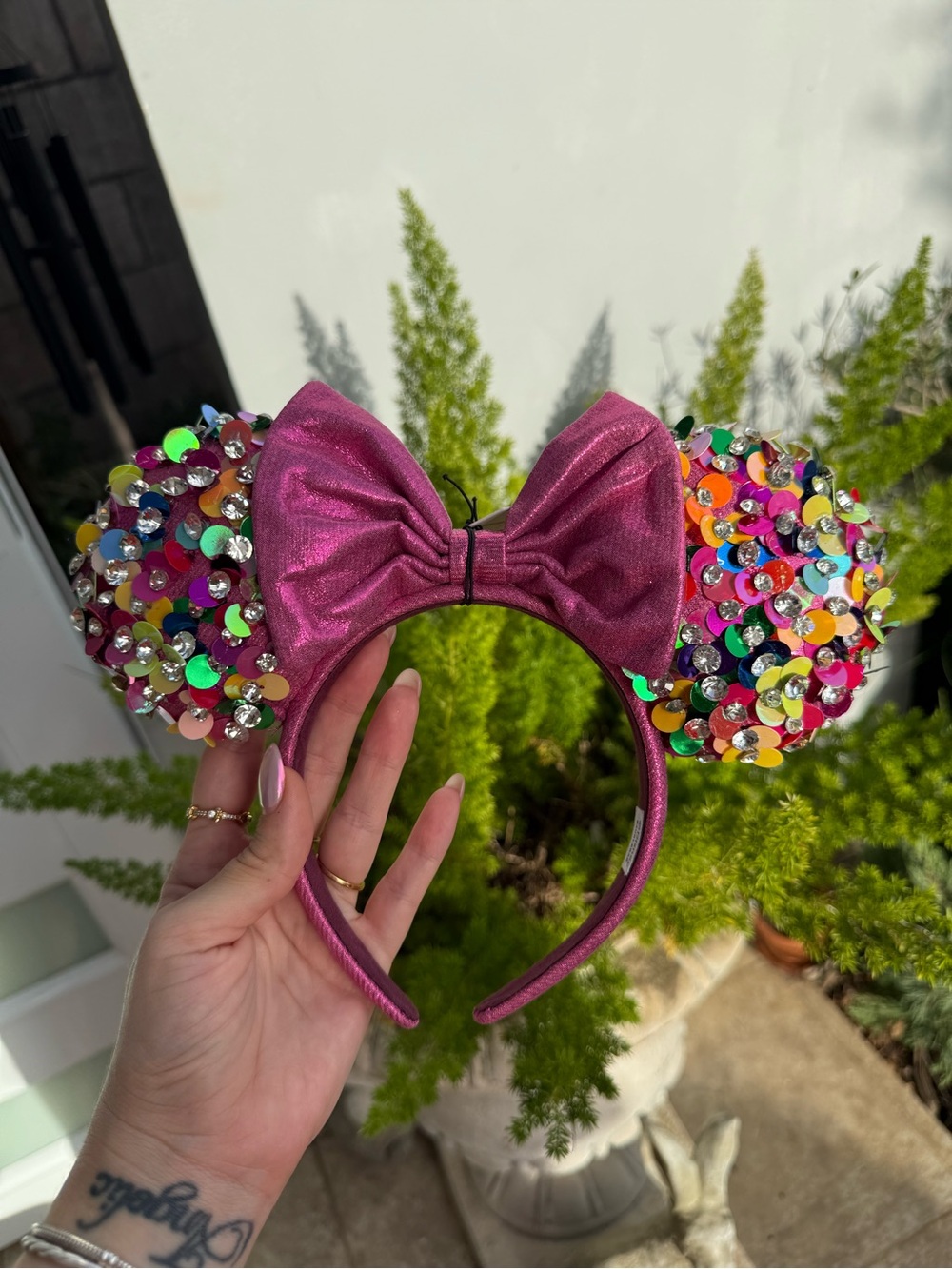 BaubleBar Pink Sequin Minnie Ear Headband with Multicolor Sequins
